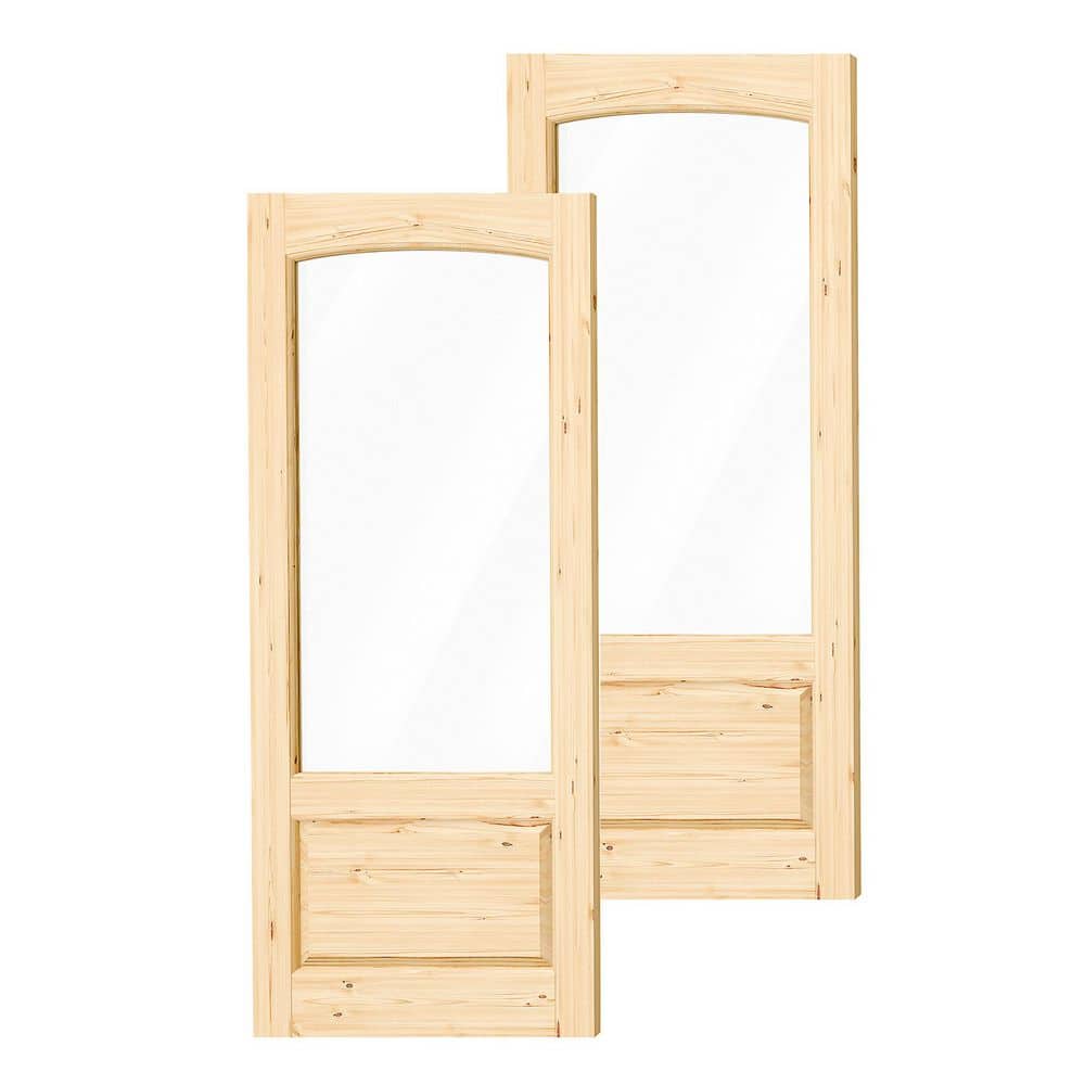 TENONER 1-Light Arched Tempered Clear Glass Pine Wood French Exterior Front Doors