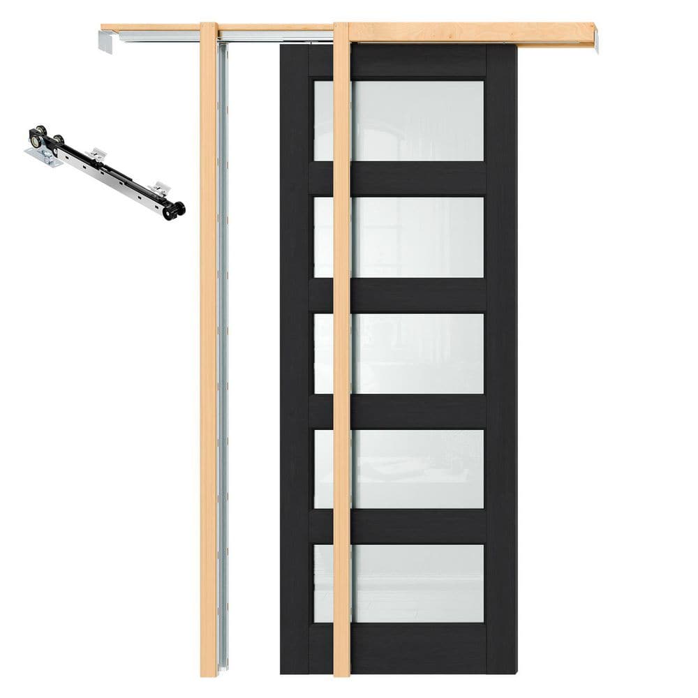 TENONER Black 5-Lite Tempered Frosted Glass Interior Pocket Door with Hardware