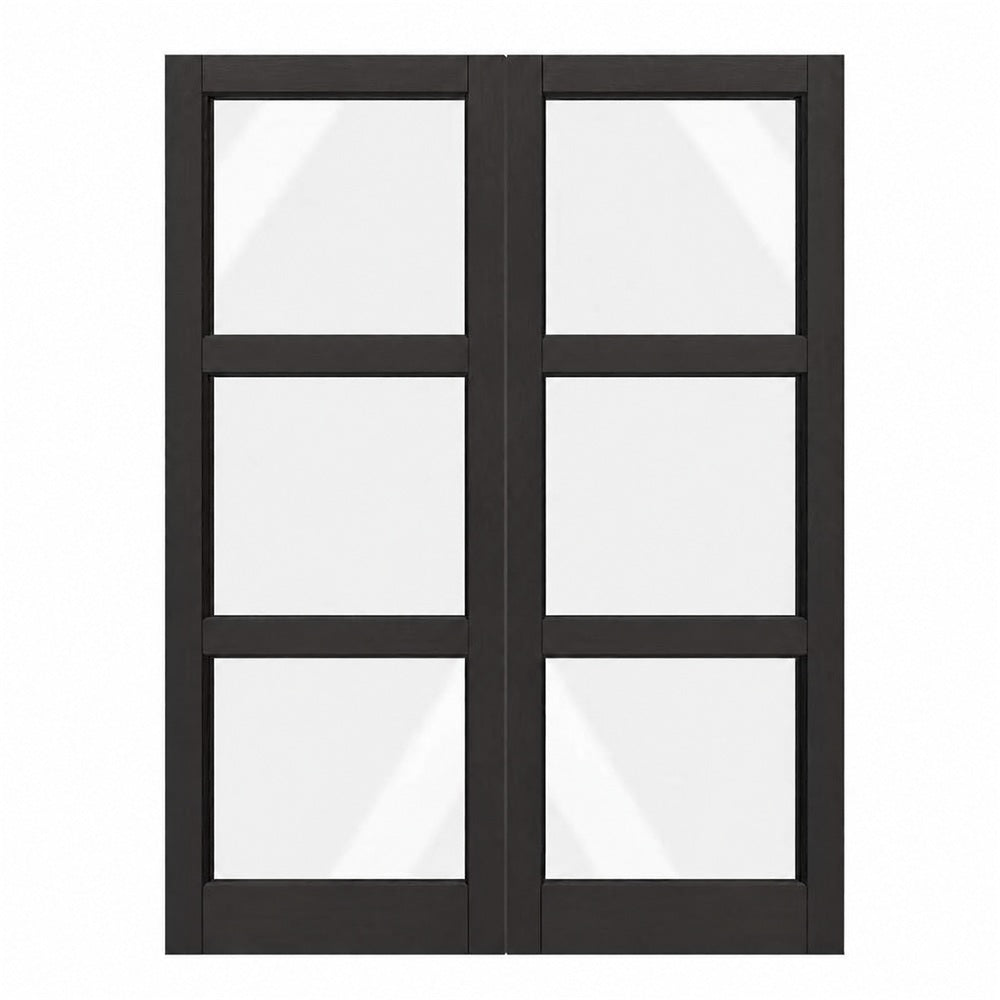 TENONER Black MDF 3-Lite Clear Glass Slab / Prehung Interior French Door (No Handle)