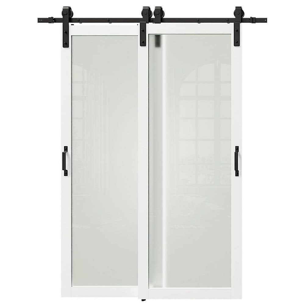 TENONER White 1-Lite Frosted Glass MDF Sliding Bypass Barn Door