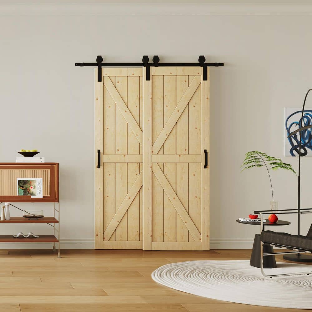 TENONER Pine K-Frame Double Exterior Bypass Barn Door with Hardware
