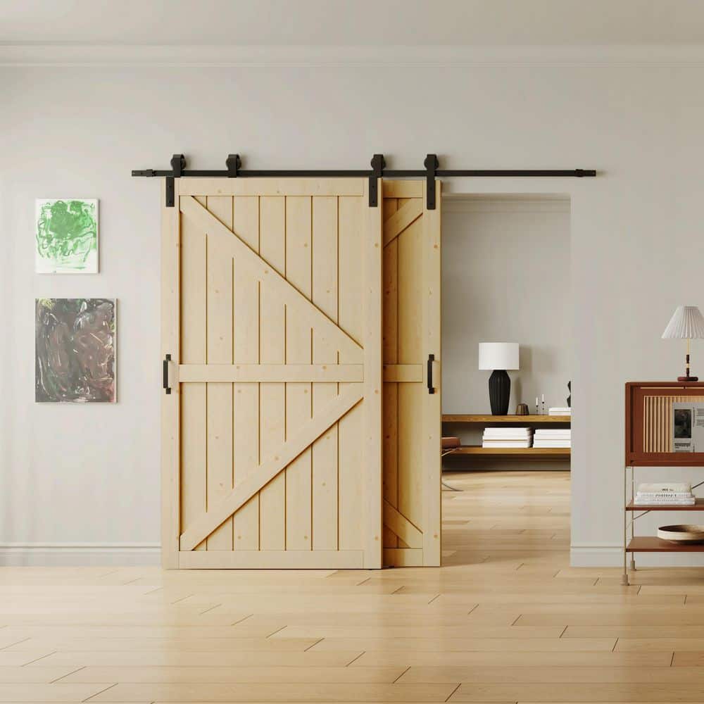 TENONER Pine K-Frame Double Exterior Bypass Barn Door with Hardware