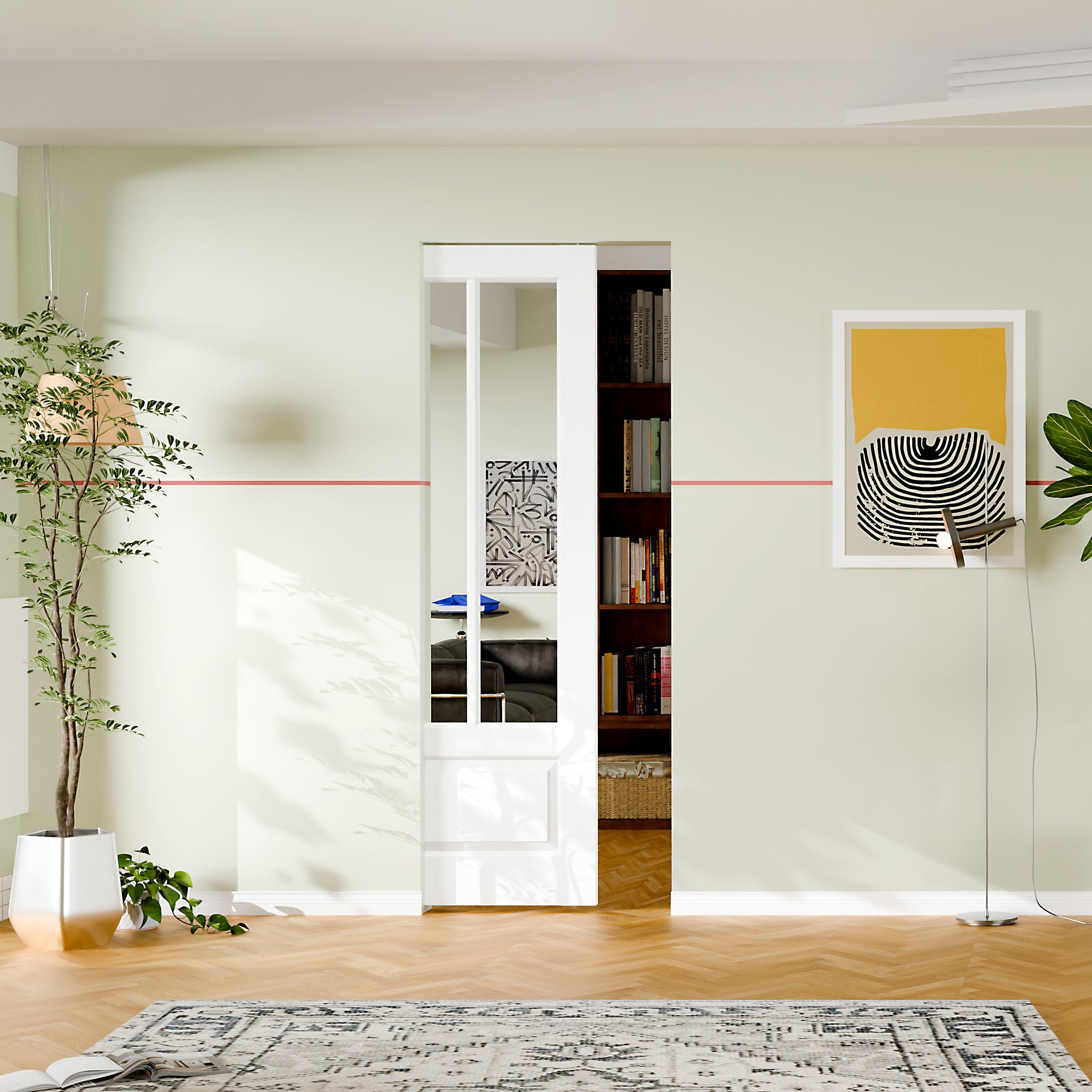 TENONER White MDF 2-Lite Mirror Single/Double Sliding Pocket Door for Bedroom, Closet, and Hallway - Space-Saving, Easy to Assemble with Frame and Hardware Kit