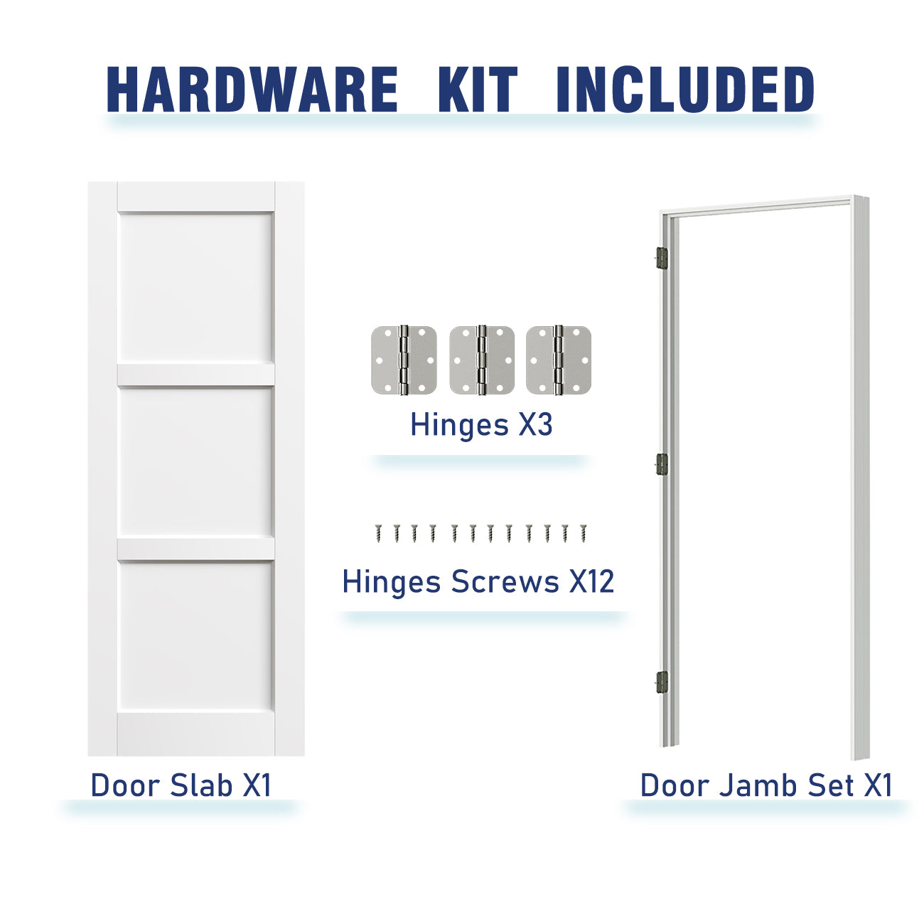 TENONER White MDF 3-Panel Solid Manufactured Wood Interior Prehung Door – Easy to Install, Moisture-Resistant Finish, with Door Jamb and Hardware Kit