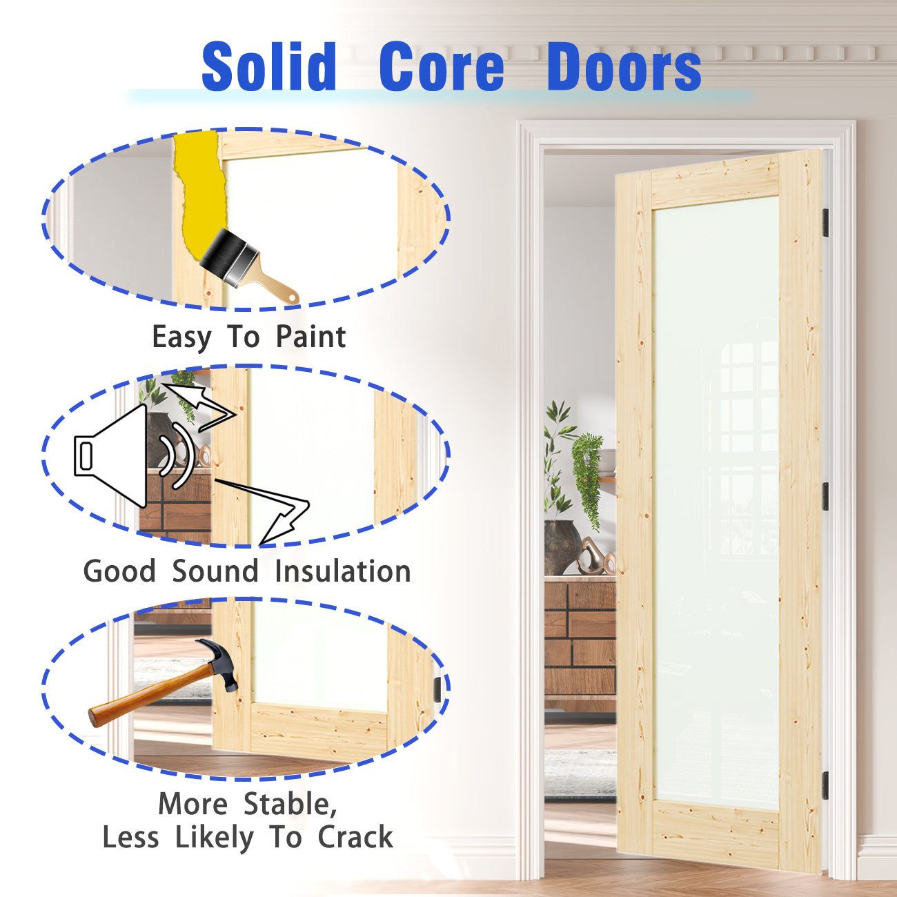 TENONER Pine Wood Color MDF 1-Lite Frosted Glass Interior Prehung Door for Wardrobe, Bedroom, Pantrywith Frosted Glass, – Easy to Install, Noise Reduction, Stylish, with Door Jamb and Hardware Kit
