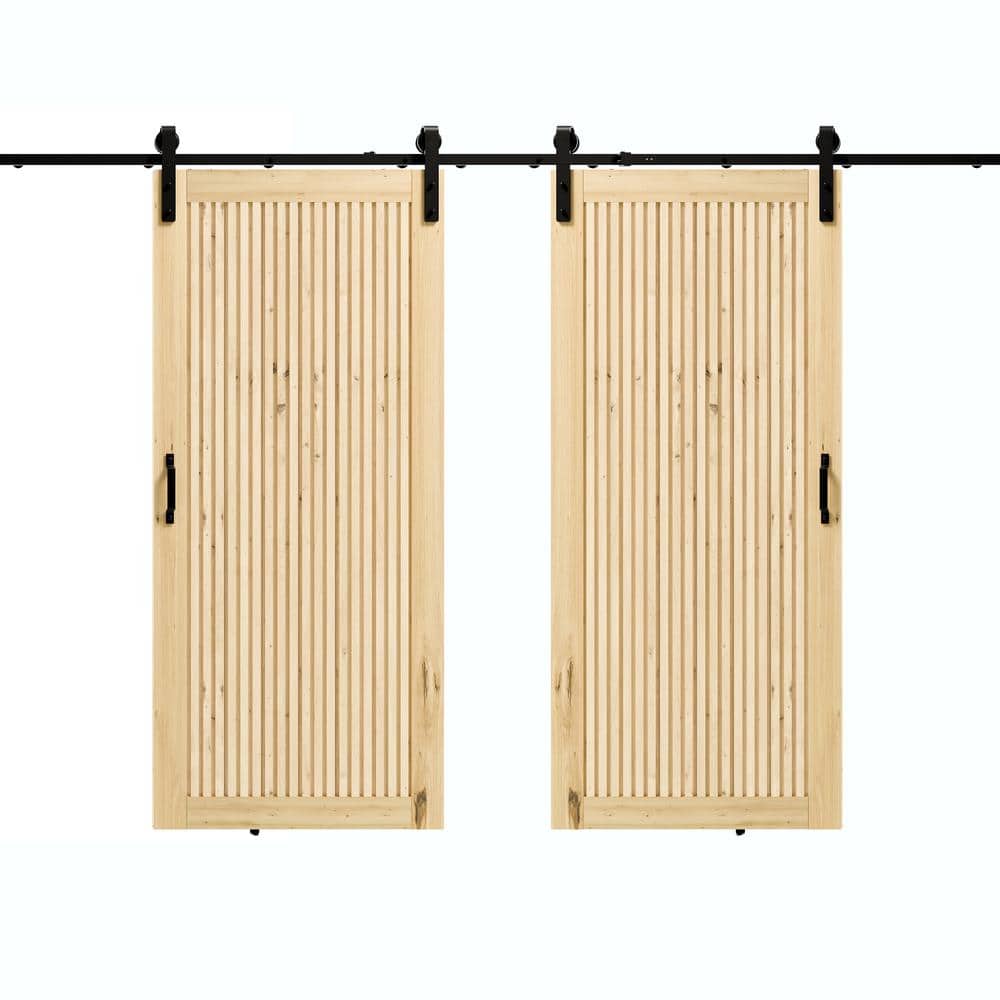 TENONER Pine Wood Vertical Stripes Solid Core Fluted Sliding Barn Door with Hardware - Suitable for DIY (Unfinished)