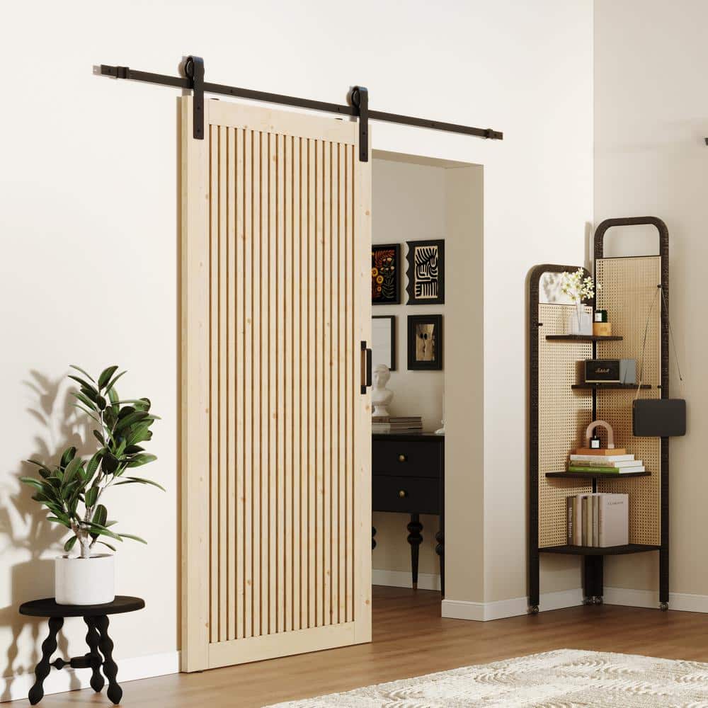 TENONER Pine Wood Vertical Stripes Solid Core Fluted Sliding Barn Door with Hardware - Suitable for DIY (Unfinished)