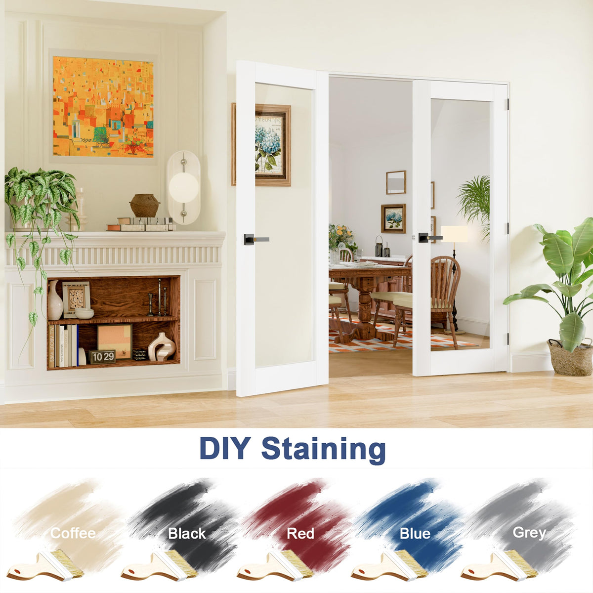 TENONER White Primed Solid Core 1-Lite Tempered Clear Glass Slab / Prehung Interior Door