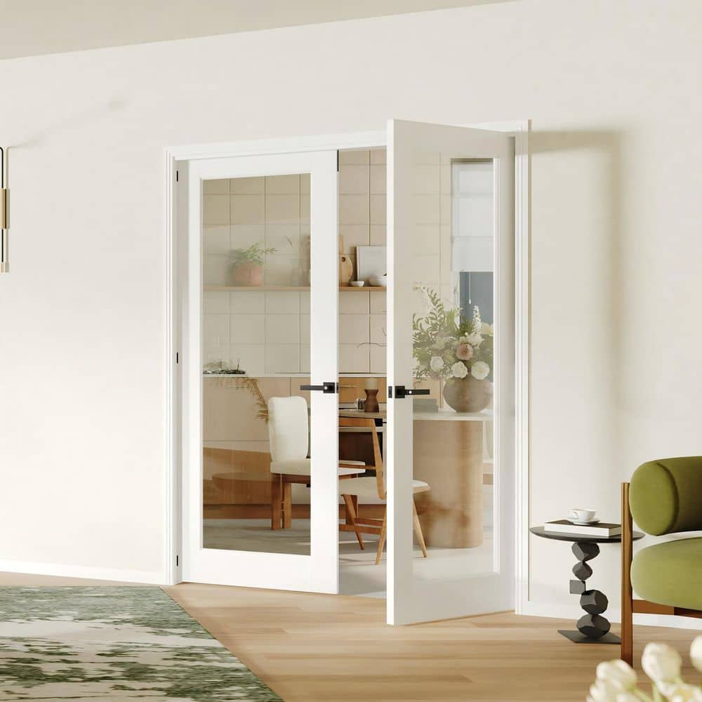 TENONER White Primed Solid Core 1-Lite Tempered Clear Glass French Interior Door (no handle)
