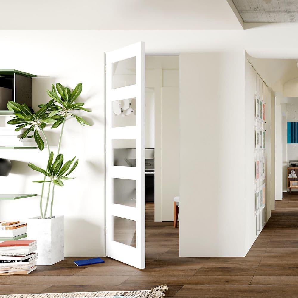 White Primed Solid Core 5-Lite Clear Glass Slab / Prehung Interior Door Slab for Closet, Bedroom, Pantry - Easy to Clean