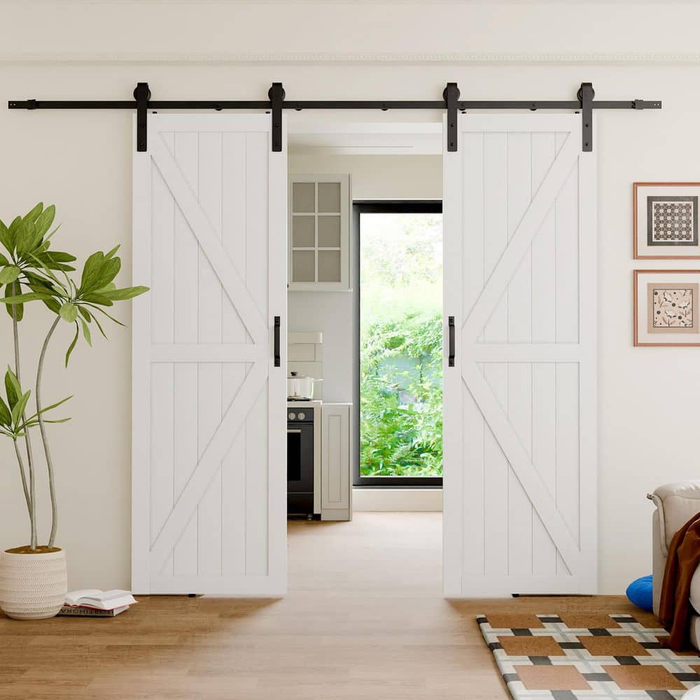 TENONER White Primed Finished K Design Solid Core MDF Sliding Barn Door with Hardware