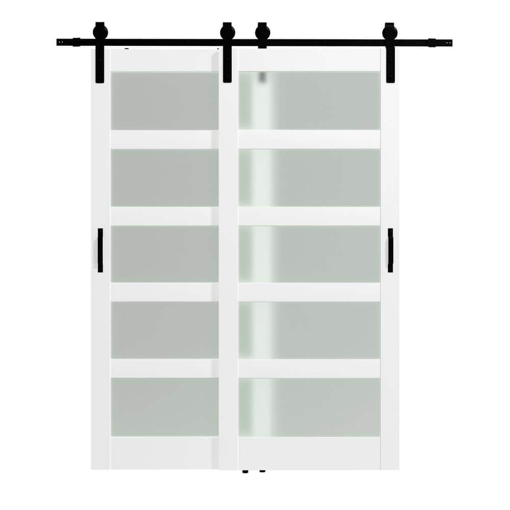 TENONER White Primed 5-Lite Frosted Glass MDF Sliding Bypass Barn Door