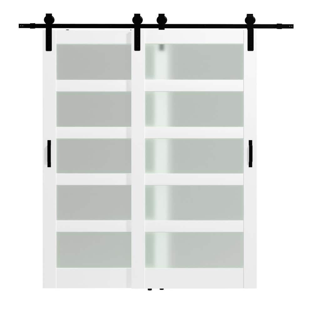 TENONER White Primed 5-Lite Frosted Glass MDF Sliding Bypass Barn Door