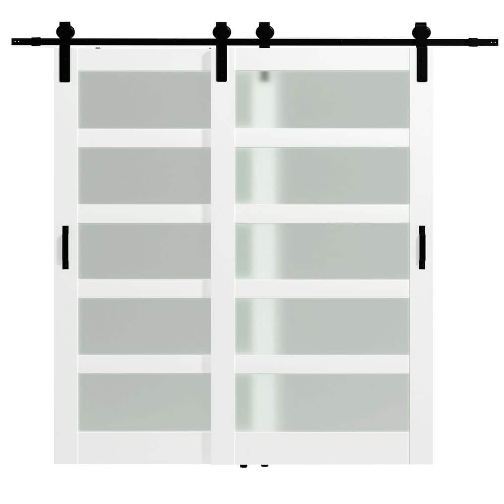 TENONER White Primed 5-Lite Frosted Glass MDF Sliding Bypass Barn Door