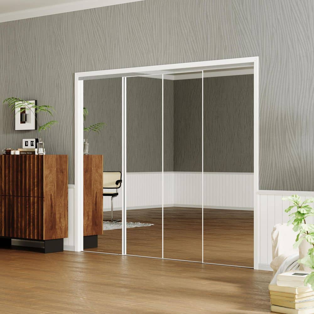 TENONER Black/White/Silver Aluminum Frame Mirrored Glass Sliding Closet Door for Bedroom, Closet, and Living room - Space-Saving, Durable with Hardware Track Kit & Floor Guide