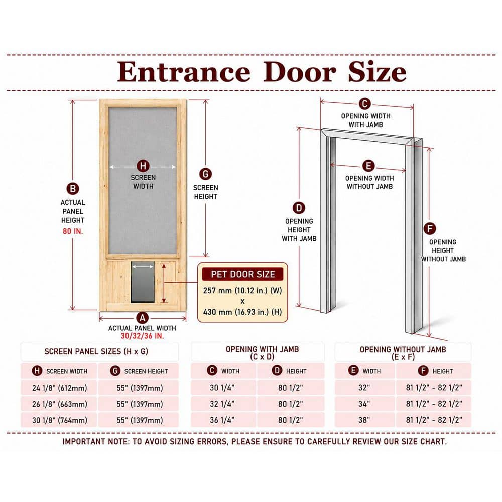 Pine Wood Half Lite Screen Exterior Front Door with Dog Door