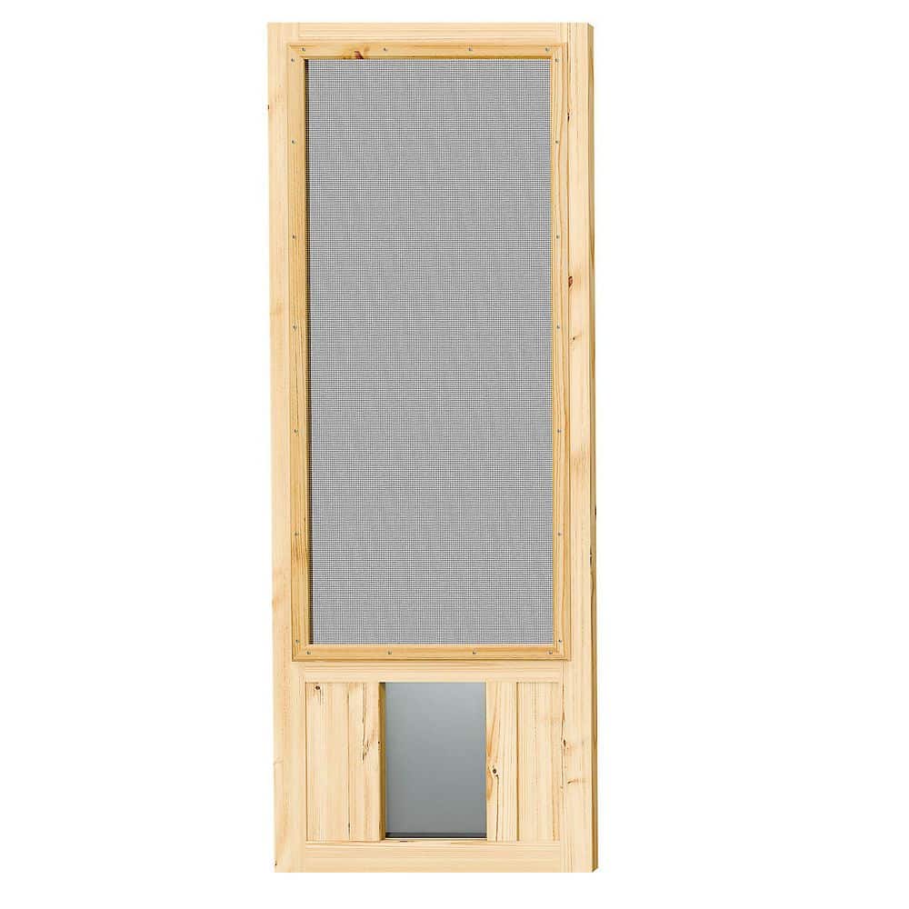 Pine Wood Half Lite Screen Exterior Front Door with Dog Door