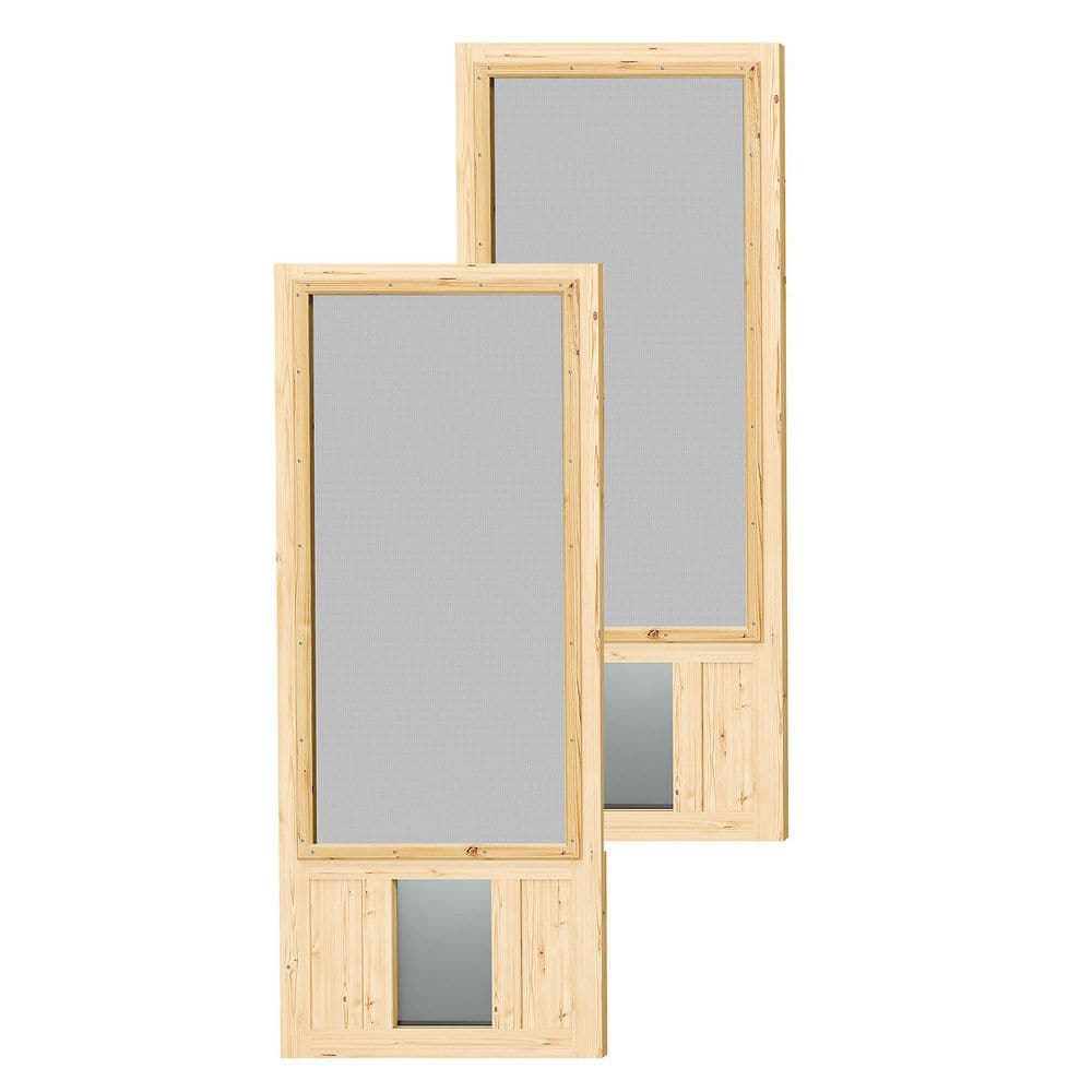 Pine Wood Half Lite Screen Exterior Front Door with Dog Door