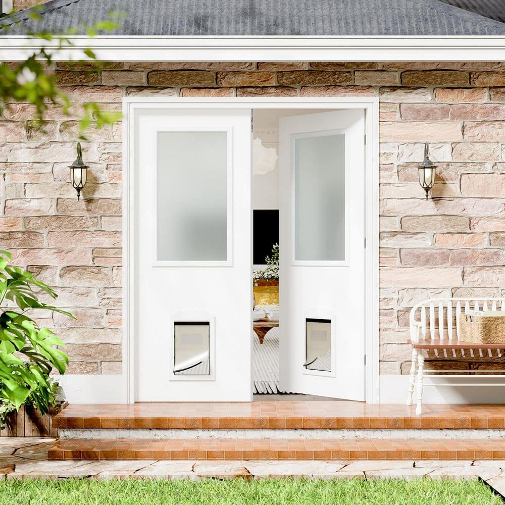 TENONER White Primed Solid Wood 1-Lite Silk-Screened Glass Front Door with Dog Door, No Hinges or Handles Included
