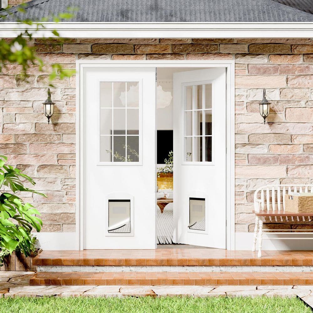 TENONER White Primed 9-Lite Clear Glass Exterior Door with Pet Door, No Hinges or Handles Included
