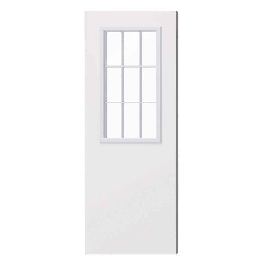TENONER White Primed Solid Wood 9-Lite Clear Glass Exterior Door Slab without Large Pet Door, No Hinges or Handles