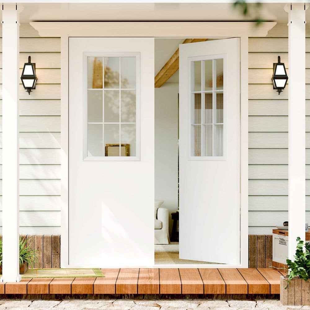 TENONER White Primed 9-Lite Clear Glass Exterior Door Slab without Large Pet Door, No Hinges or Handles