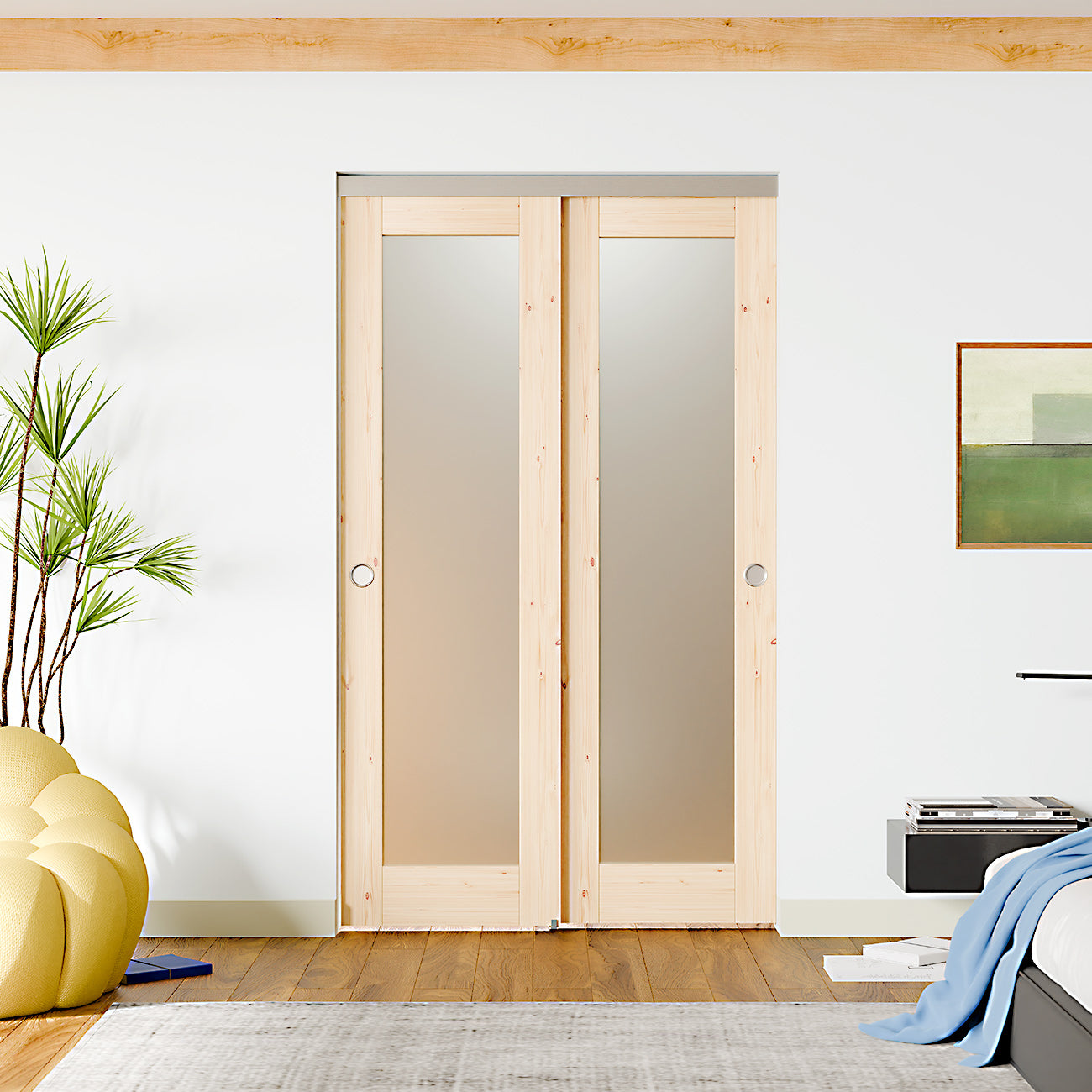 TENONER Light Brown Solid Core MDF Full Lite Frosted Glass Bypass Door for Bedroom, Living Room,Laundry – DIY Painted, Easy Installation with Bypass Hardware Kits