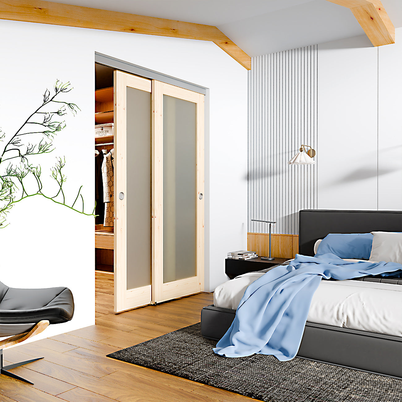 TENONER Light Brown Solid Core MDF Full Lite Frosted Glass Bypass Door for Bedroom, Living Room,Laundry – DIY Painted, Easy Installation with Bypass Hardware Kits