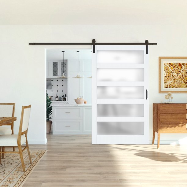 TENONER White MDF 5-Lite Frosted Glass Single/Double Sliding Barn Doors for Living Rooms, Bedrooms, or Kitchen – Easy Installation, Privacy Protection with Barn Door Hardware Kits