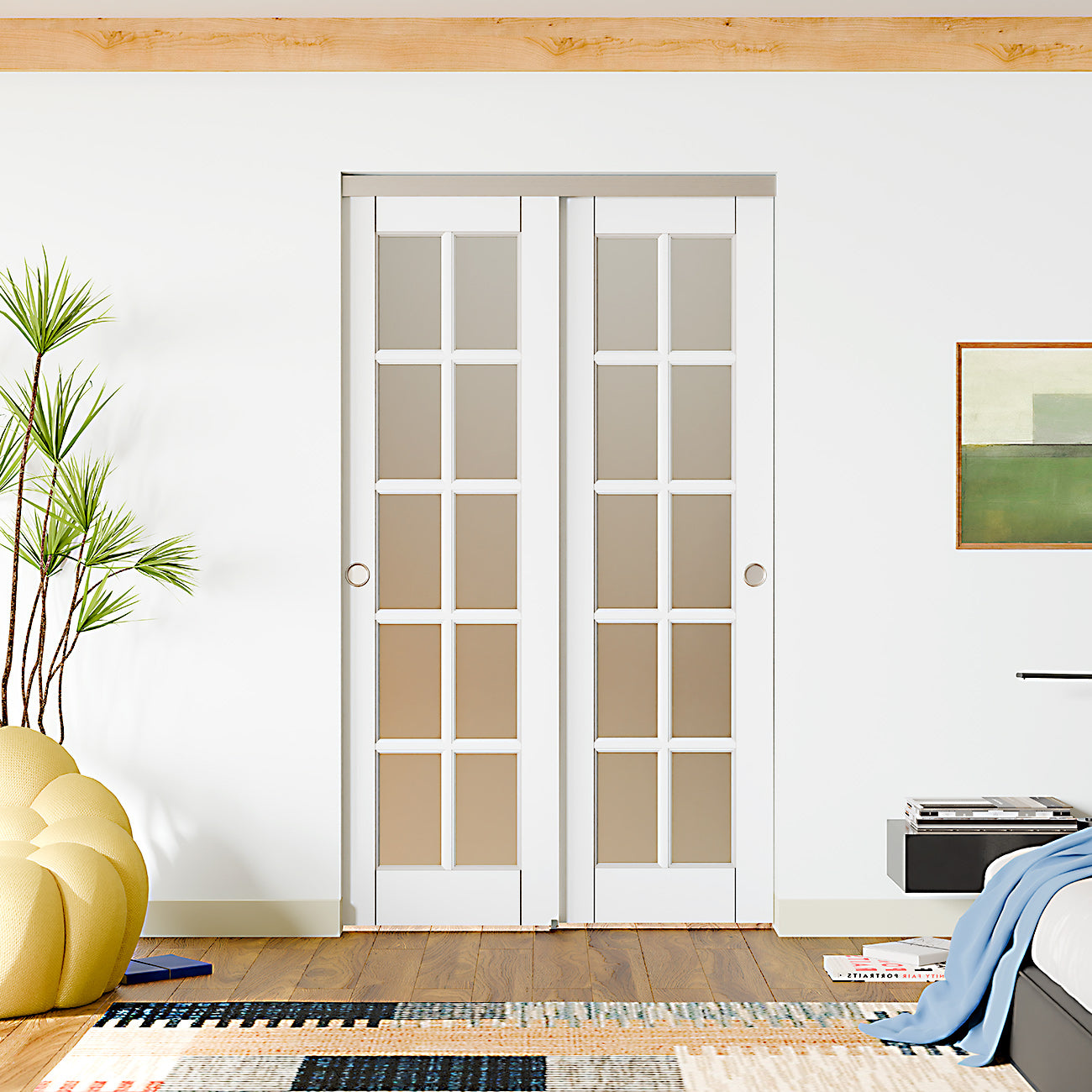 TENONER White 10-Lite Frosted Glass Bypass Door for  Bedroom, Living Room,Laundry – DIY Painted, Easy Installation with Bypass Hardware Kits