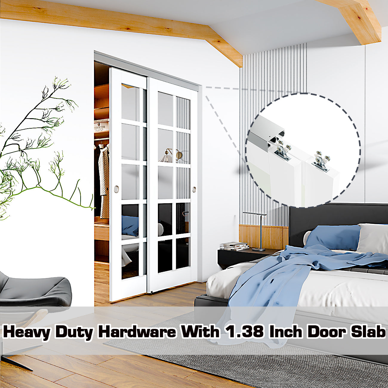 TENONER White 10-Lite Mirrored Glass Bypass Door for  Bedroom, Living Room,Laundry – DIY Painted, Easy Installation with Bypass Hardware Kits