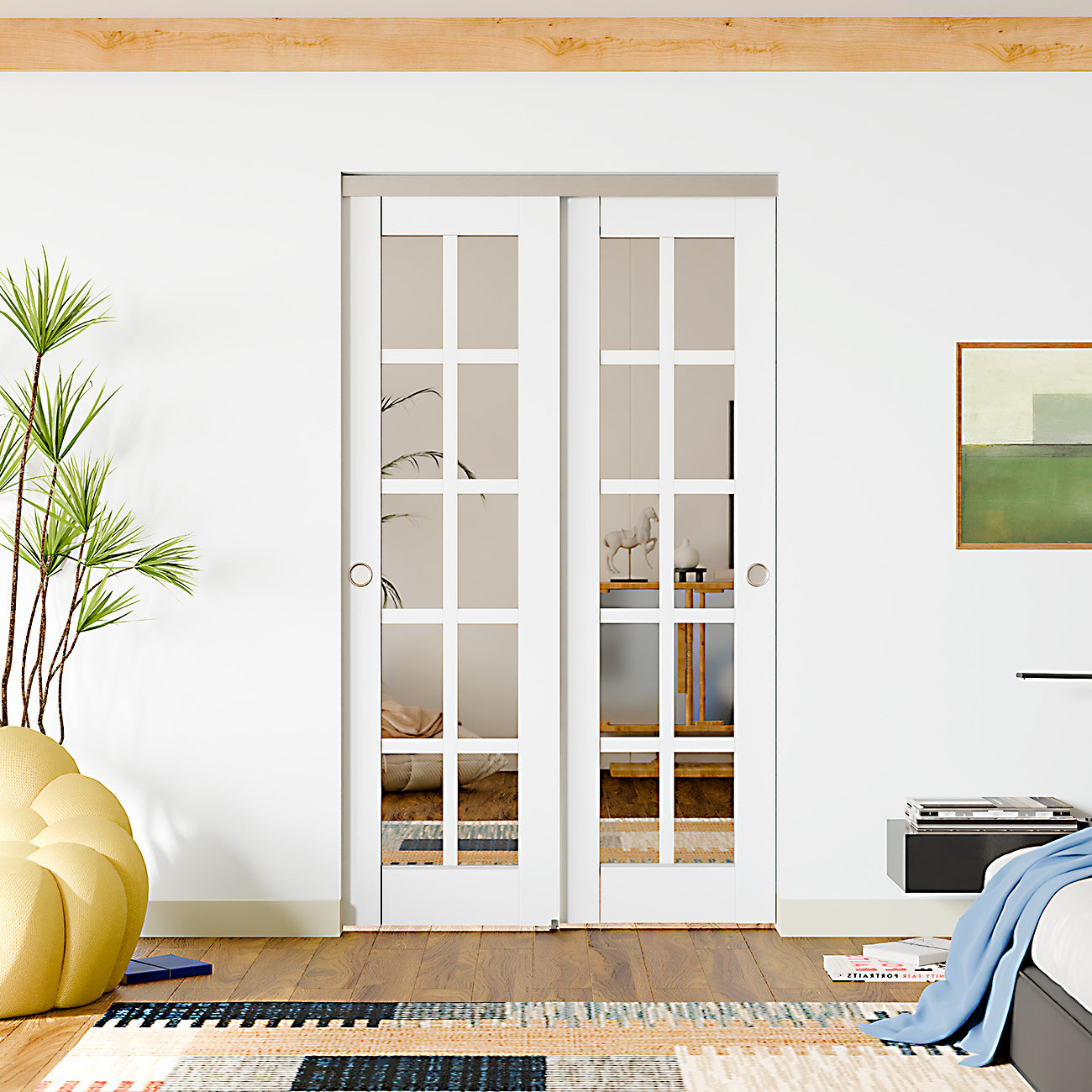 TENONER White 10-Lite Mirrored Glass Bypass Door for  Bedroom, Living Room,Laundry – DIY Painted, Easy Installation with Bypass Hardware Kits
