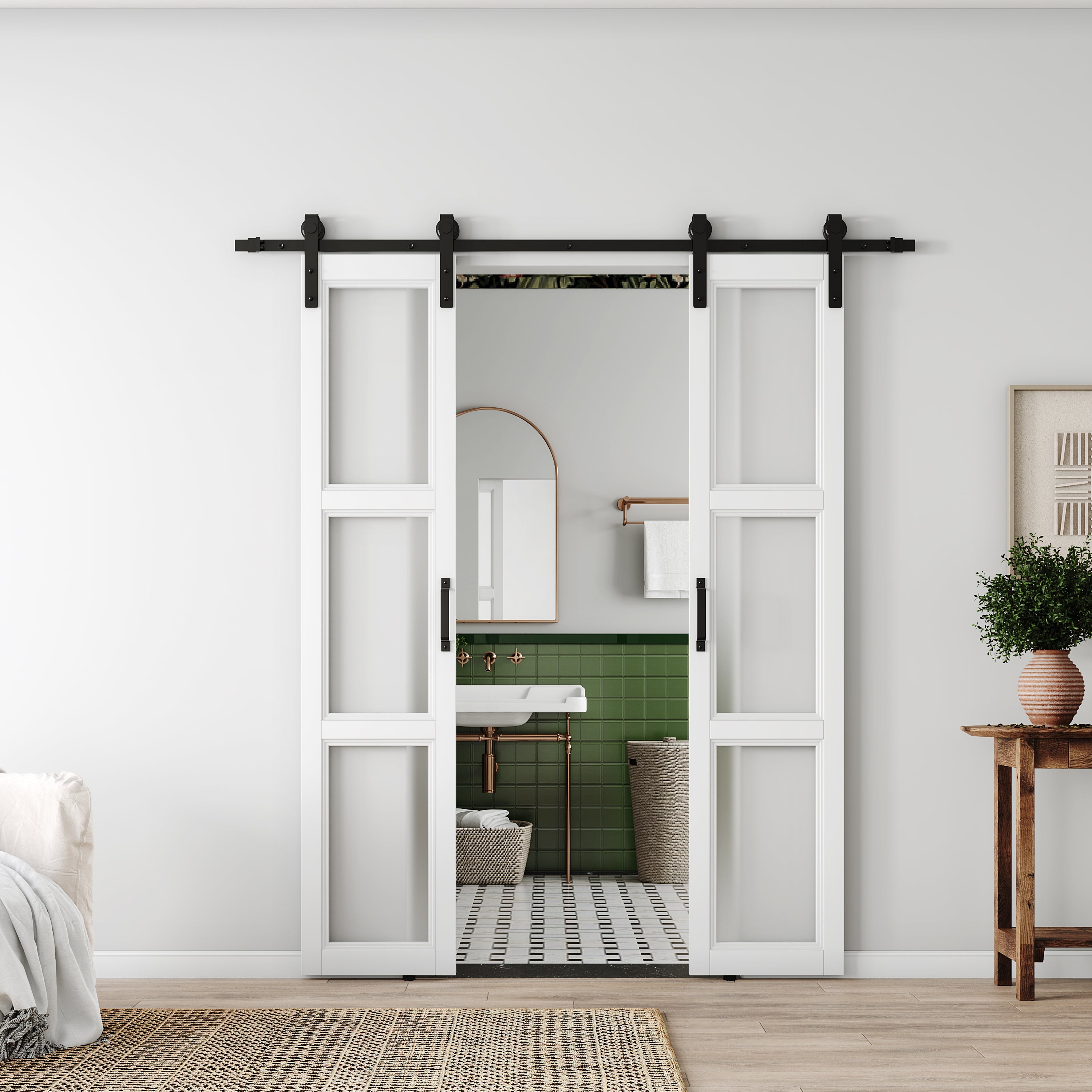 TENONER White Double Sliding Barn Door, Frosted 3 Panel Glass Barn Doors Sturdy Durability Double Barn Doors with Hardware Need to Assemble Suitable for Living Room