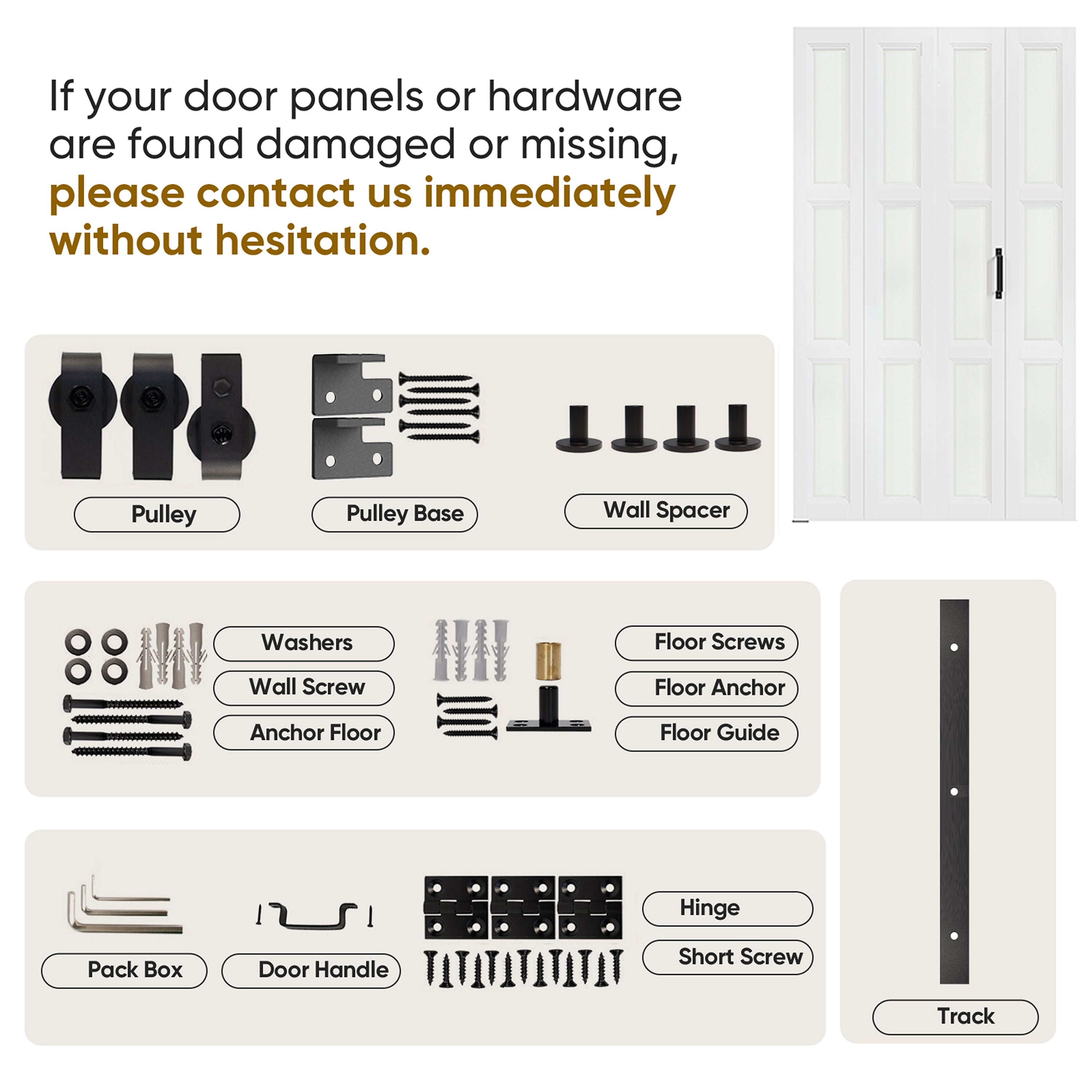 TENONER Bi-Folding Barn Door, 48"（24" x 2） x 84", 3 Lites Frosted Glass Panels with Multi-fold Sliding Hardware Kit, Accordion Style Design, Pre-drilled Closet Door Slab, 4.3FT Track for 4 Doors