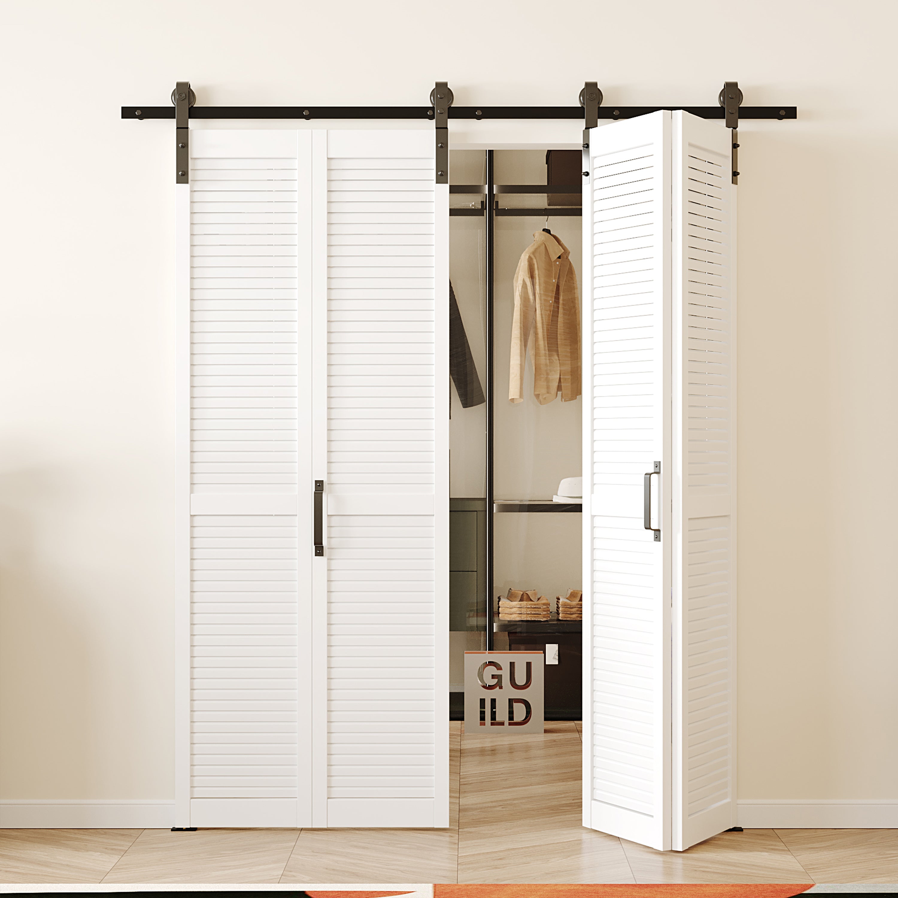 TENONER Double Bi-Fold Sliding Barn Door, Folding Doors, Louver Closet Door with Hardware, Finished Closet Door Slab, Two Track for 4 Doors, MDF, White