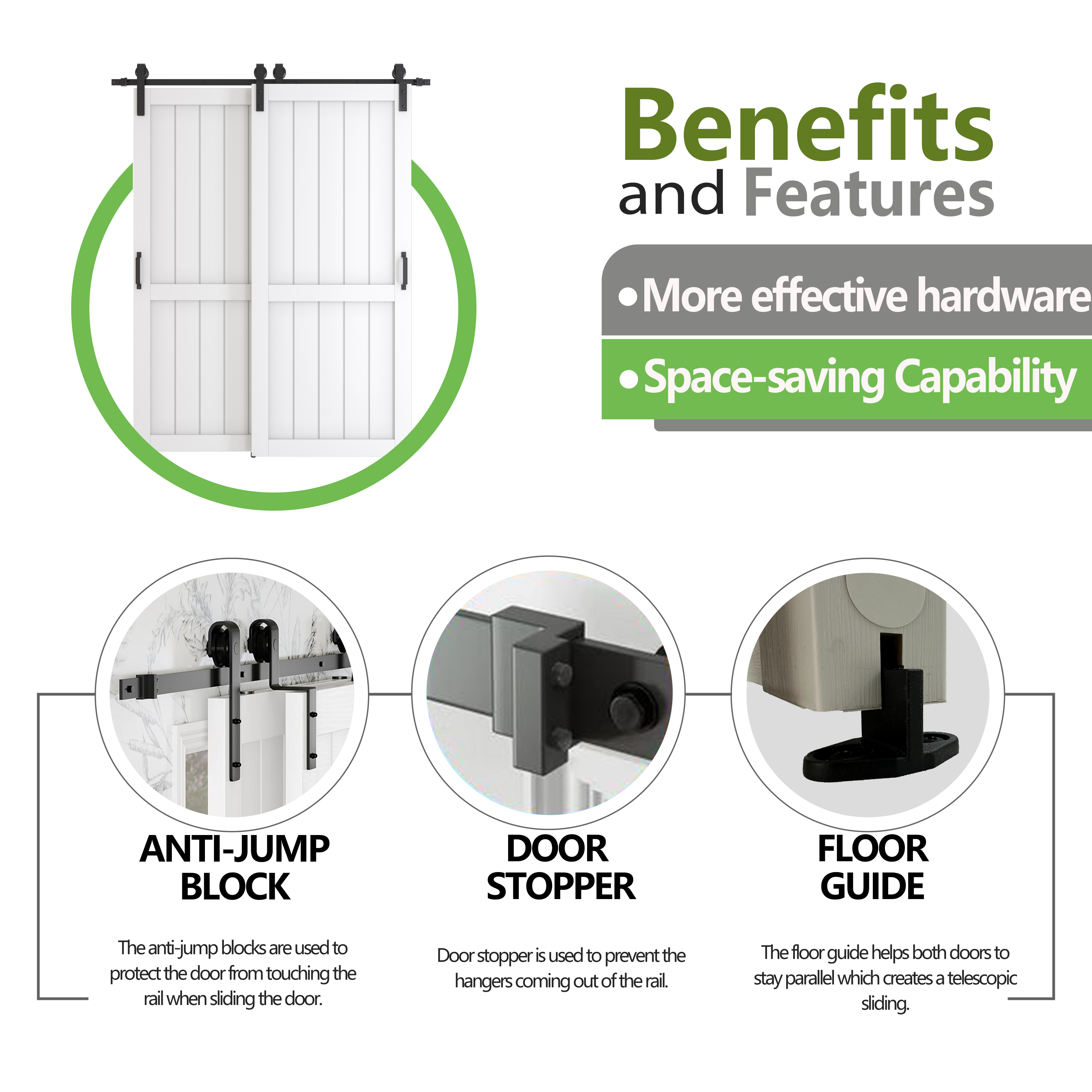 TENONER Bypass Barn Doors,Sliding Hardware Kit, Single-Track for Double H-Frame Doors, MDF & DIY Painted, Easy Installation - White