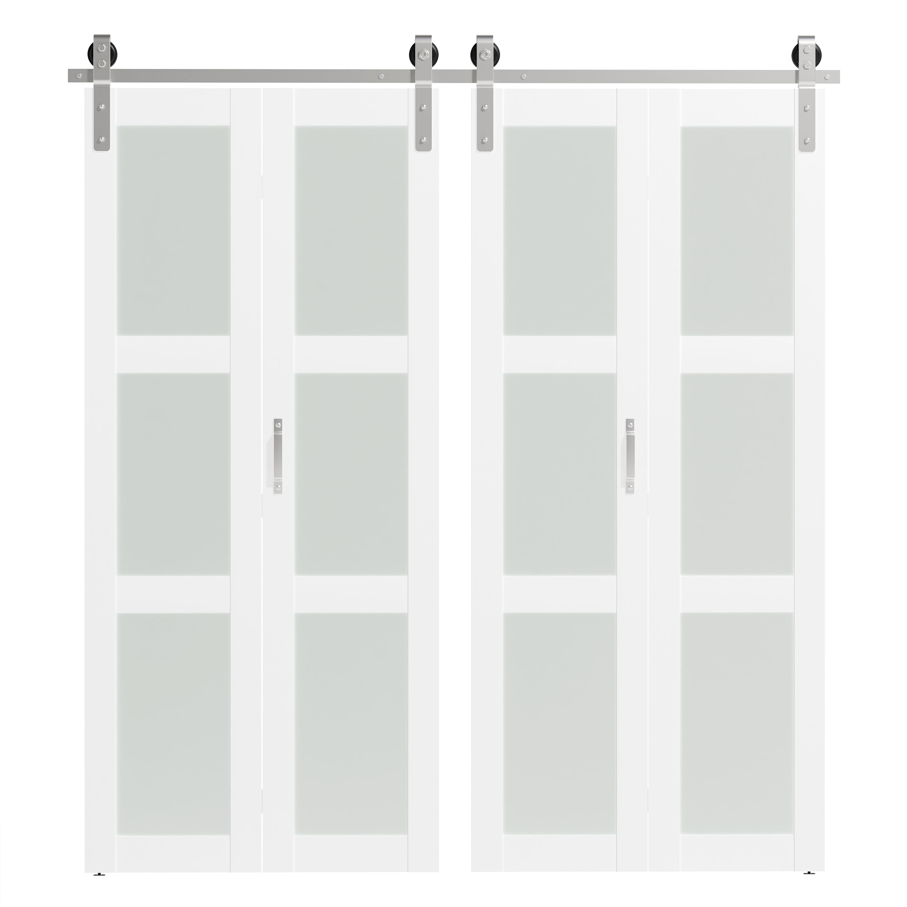 TENONER Bi-Folding Barn Door, 3 Lites Tempered Frosted Glass Panel with Brushed Nickel Sliding Hardware Kit Set, Pre-drilled Floding Door Slab, MDF, White