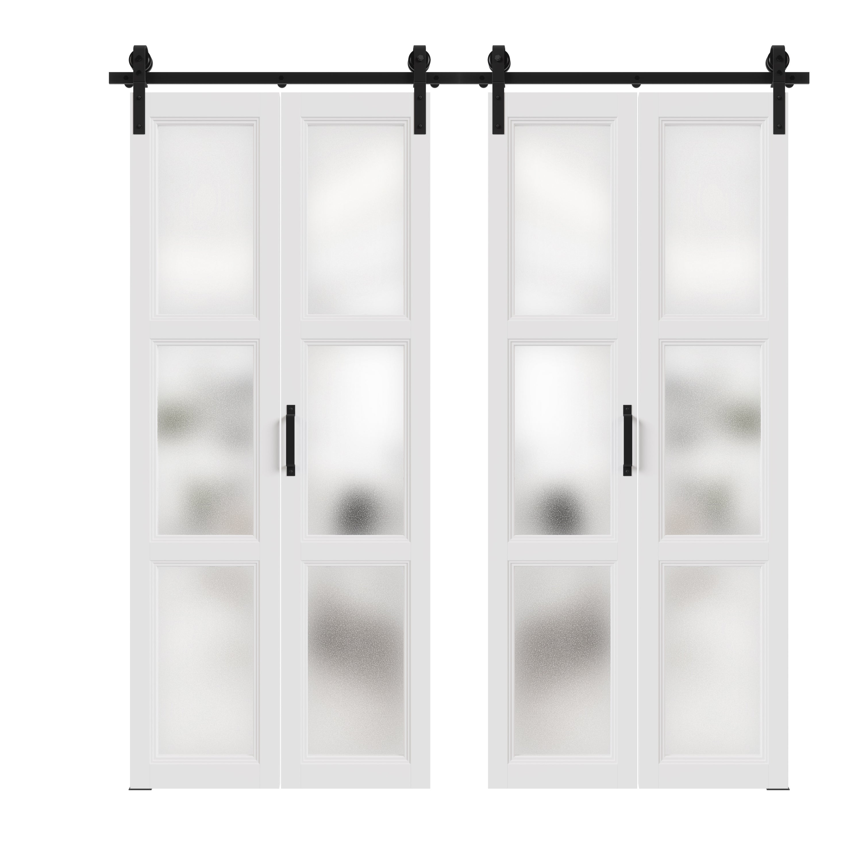 TENONER Double Bi-Fold Sliding Barn Door,3 Lites Tempered Frosted Glass Panel with Sliding Hardware Kit Set, Pre-drilled Closet Door Slab, Two Track for 4 Doors, MDF, White