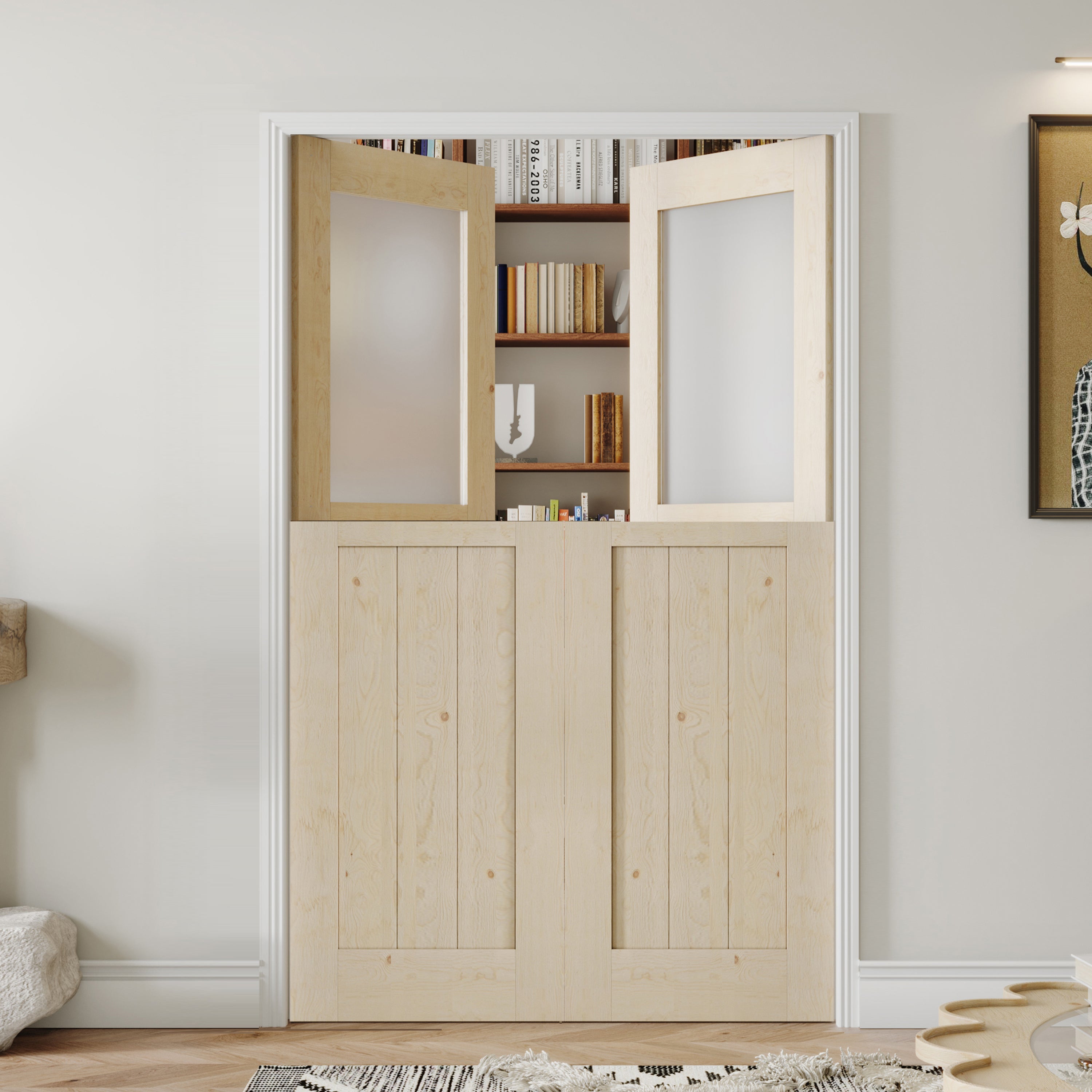 Double Interior Dutch Door, 48/60/64 in. x 80 in. Half Frosted Glass Split Single Door Slab, Modern Style Farmhouse Closet Door, Natural Pine Wood(Not Include Door Hinges)