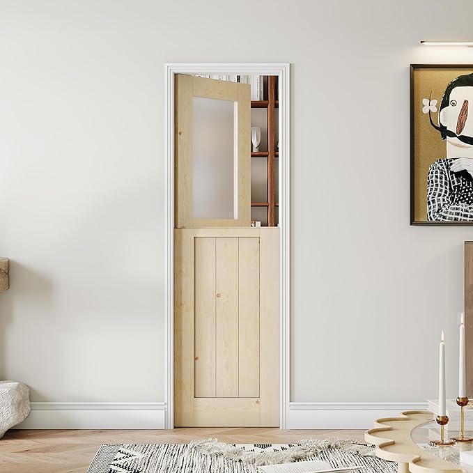 Interior Dutch Door, 24/30/32 in. x 80 in. Half Frosted Glass Split Single Door Slab, Modern Style Farmhouse Closet Door, Natural Pine Wood(Not Include Door Hinges)