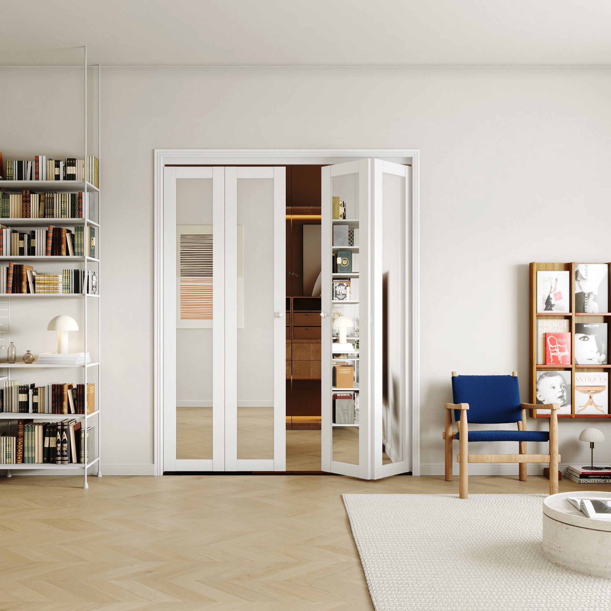 48/60/72 in. x 80 in. White, MDF, 1 Lite, Mirror Glass Bi-Fold Interior Door for Closet, with Hardware Kits