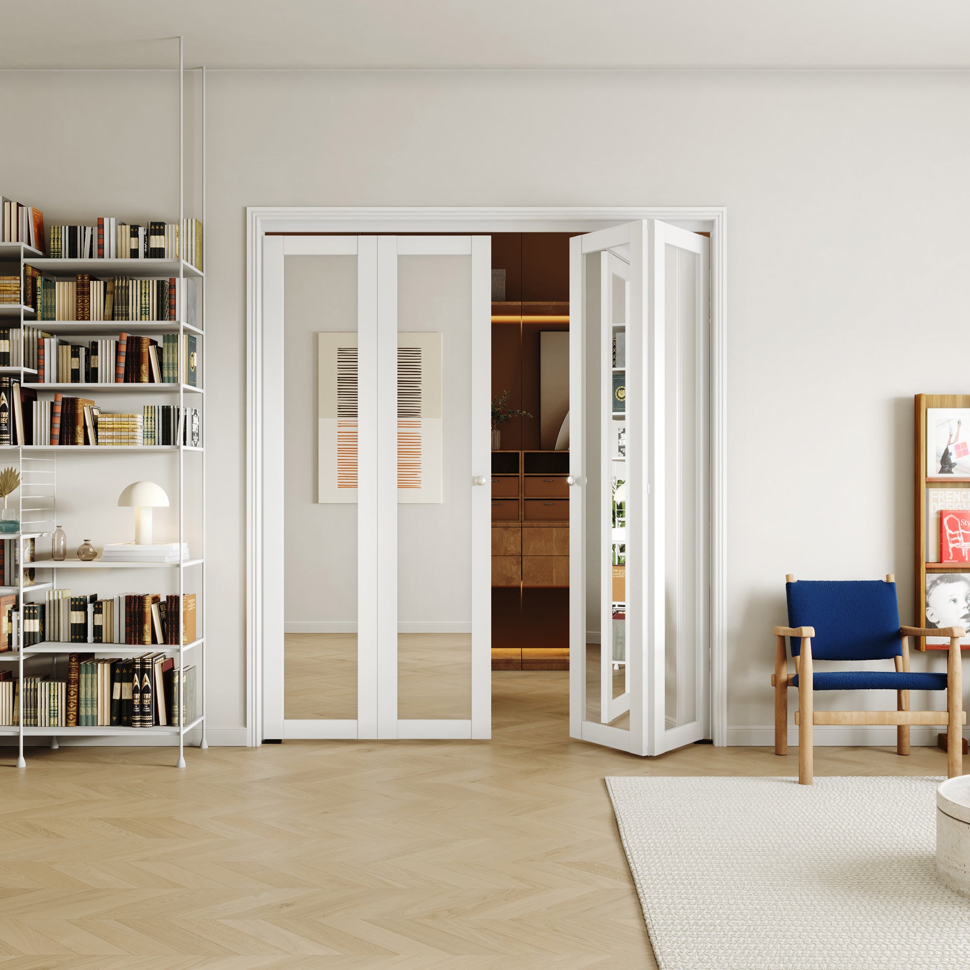 48/60/72 in. x 80 in. White, MDF, 1 Lite, Mirror Glass Bi-Fold Interior Door for Closet, with Hardware Kits