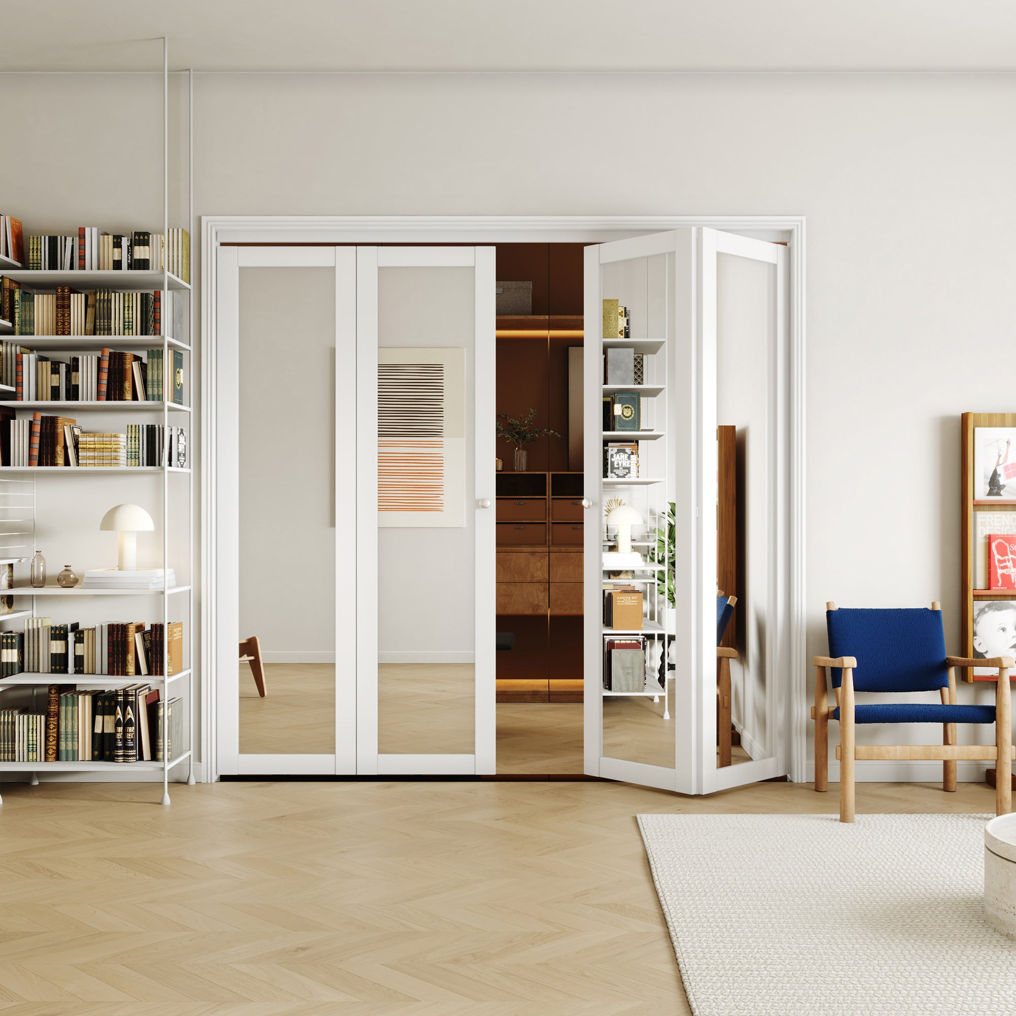 48/60/72 in. x 80 in. White, MDF, 1 Lite, Mirror Glass Bi-Fold Interior Door for Closet, with Hardware Kits