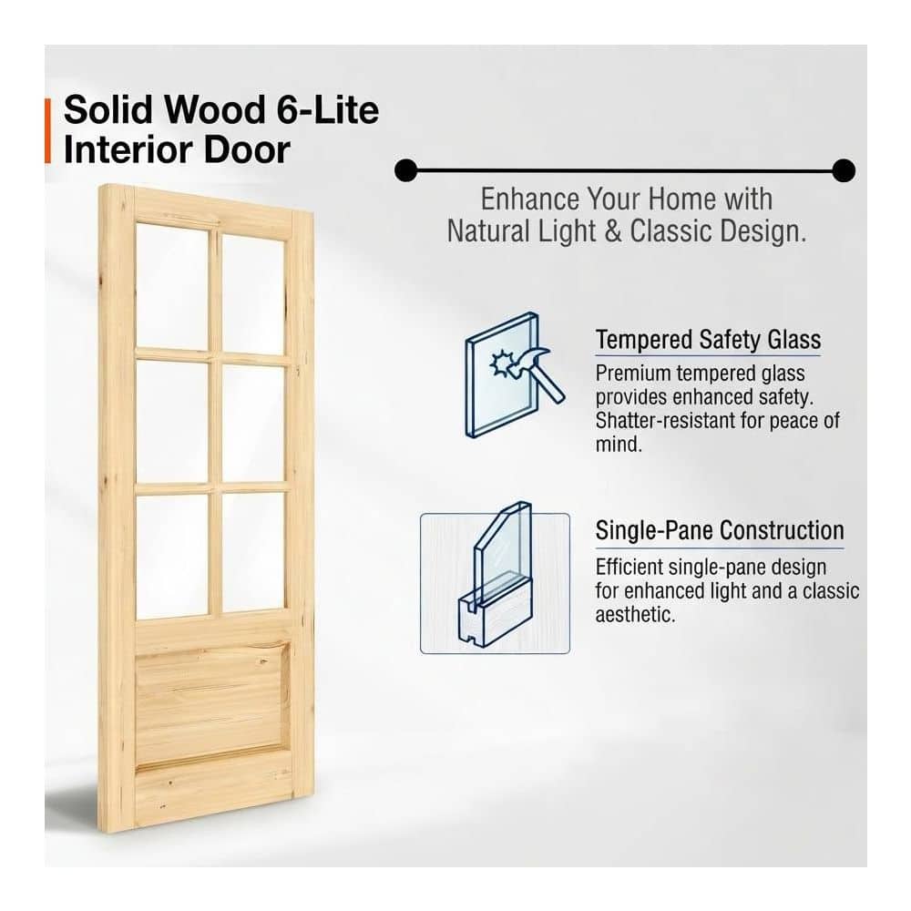 TENONER 6-Light Tempered Clear Glass Pine Wood Exterior Front Entry Doors