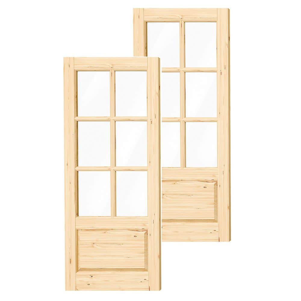 TENONER 6-Light Tempered Clear Glass Pine Wood French Exterior Front Entry Doors