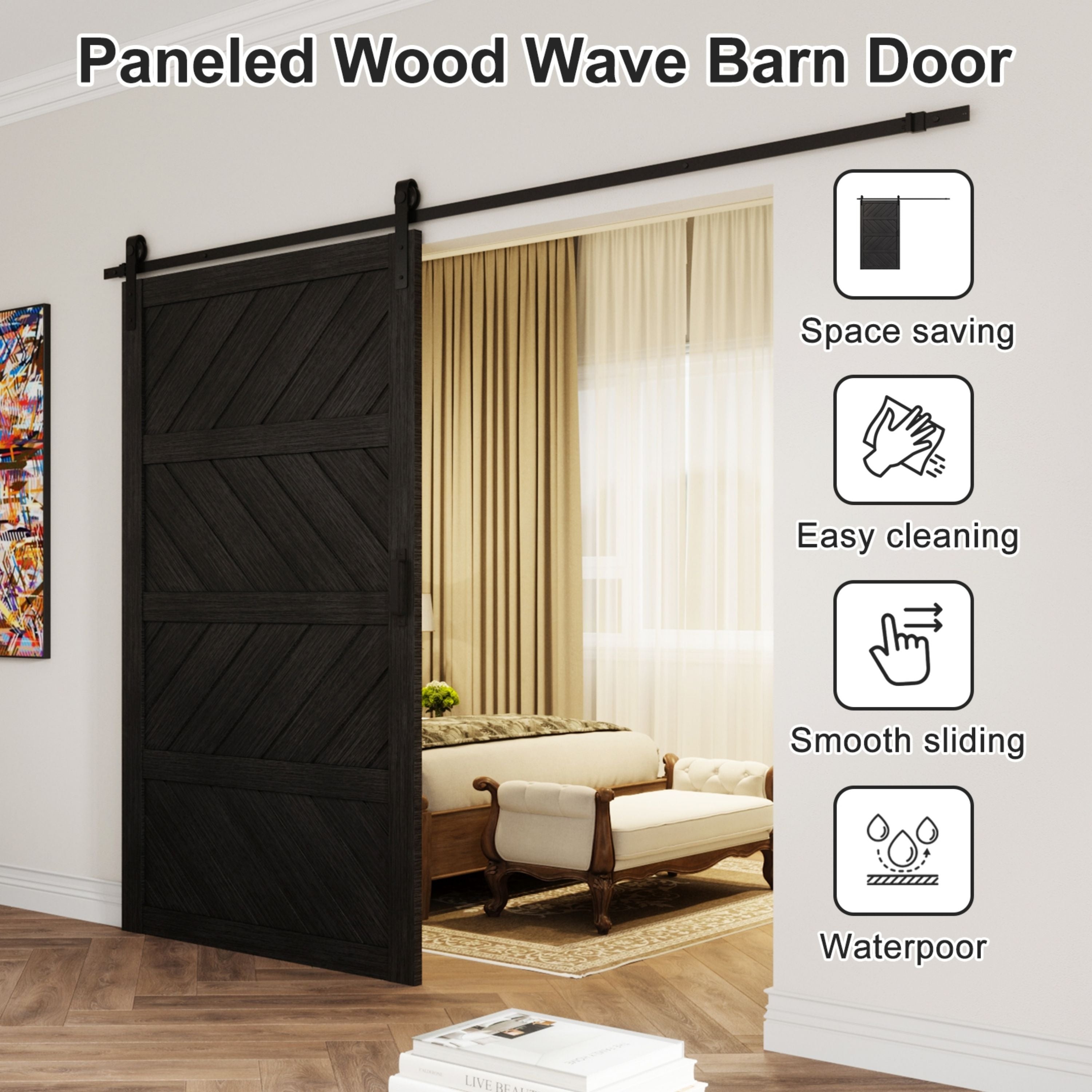 TENONER Sliding Barn Door, Paneled Wood Wave Barn Door,Hardware Kit Included,Water-Proof PVC Surface,Assembly Needed, Black