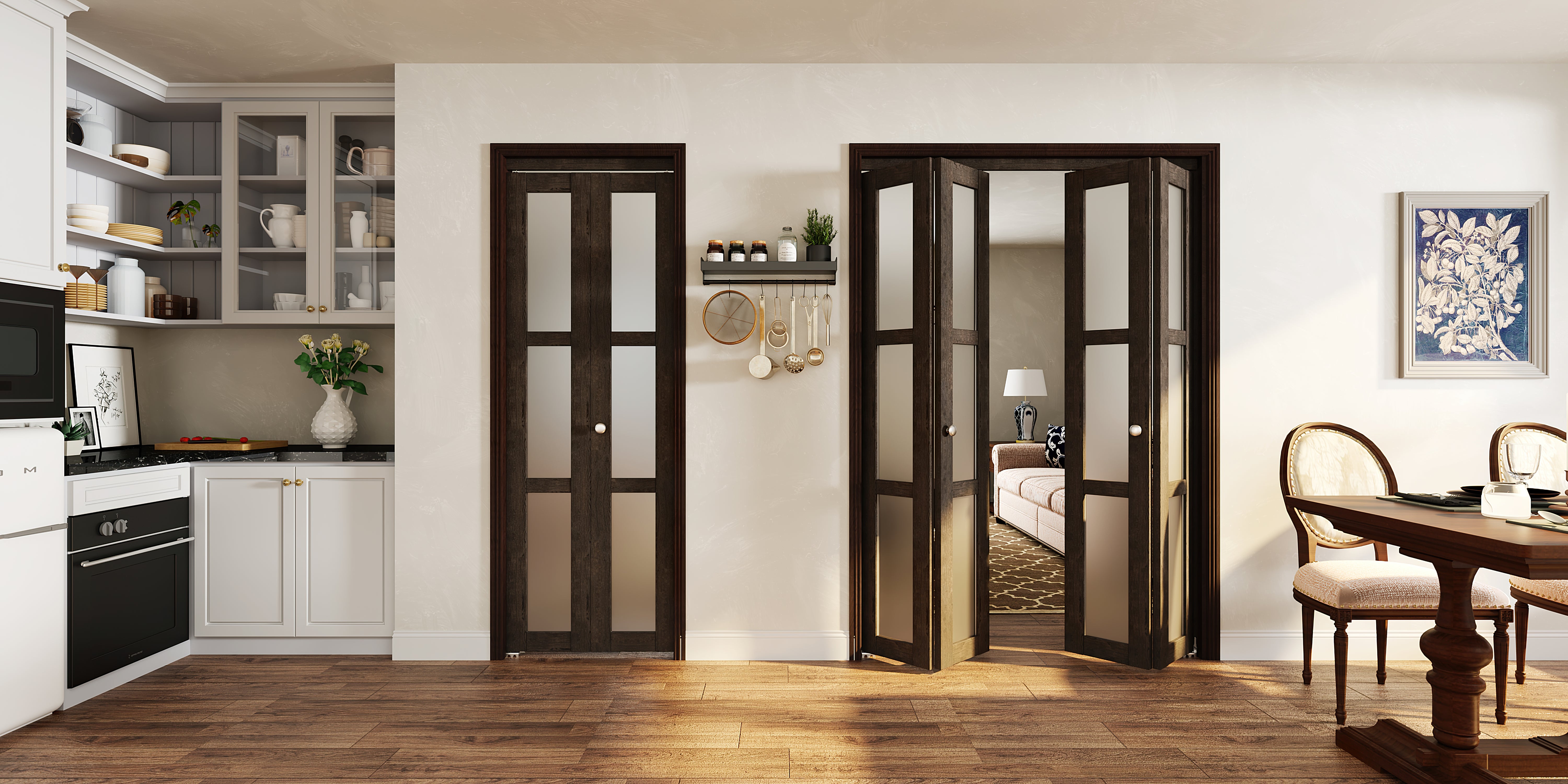 TENONER Gray Brown MDF 3-Lite Frosted Glass Bi-Fold Door for Closet, P