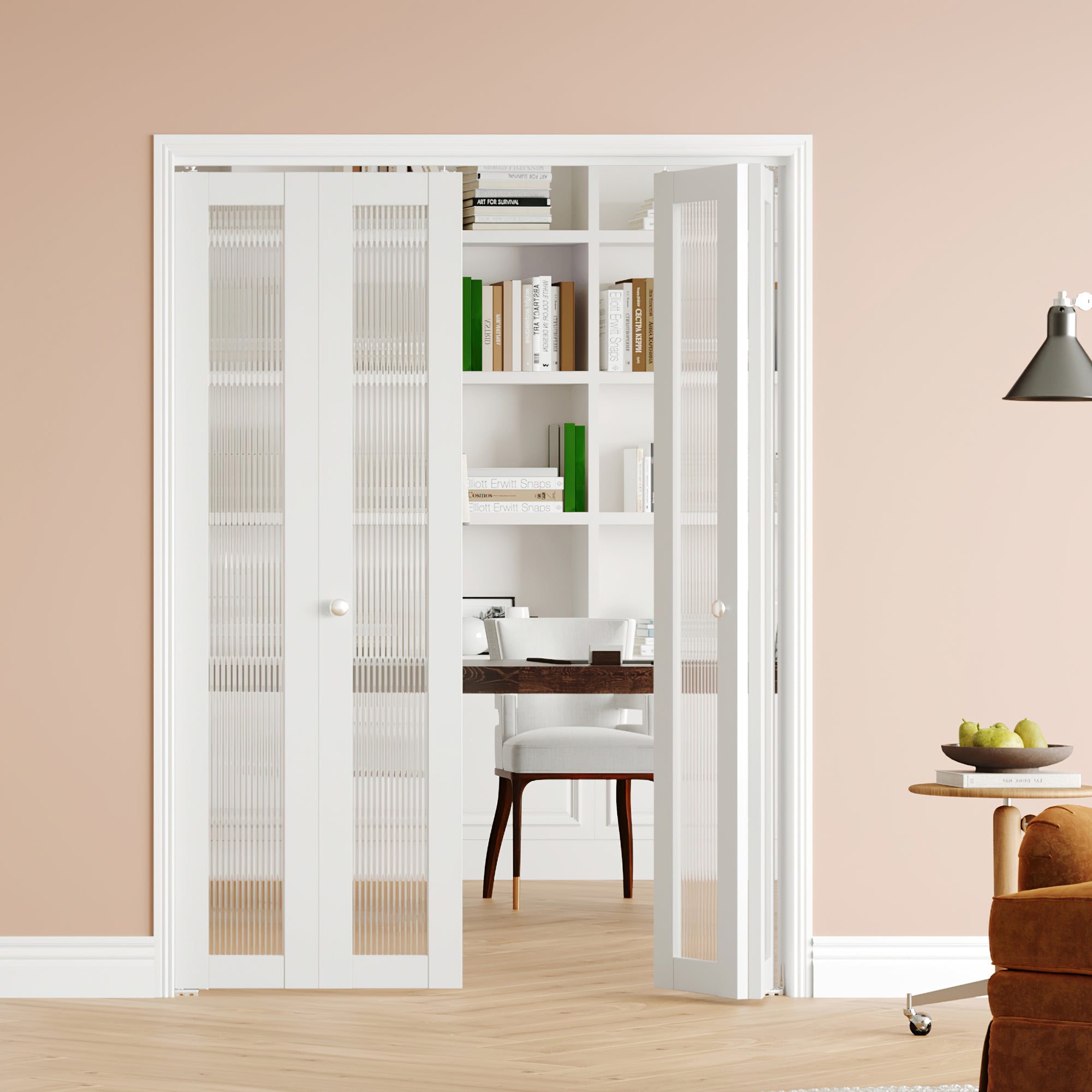 48/60/72 in x 80 in, Reeded Glass, Full Lite Bi-Fold Interior Door with MDF & Water-Proof PVC Covering, Hardware Included