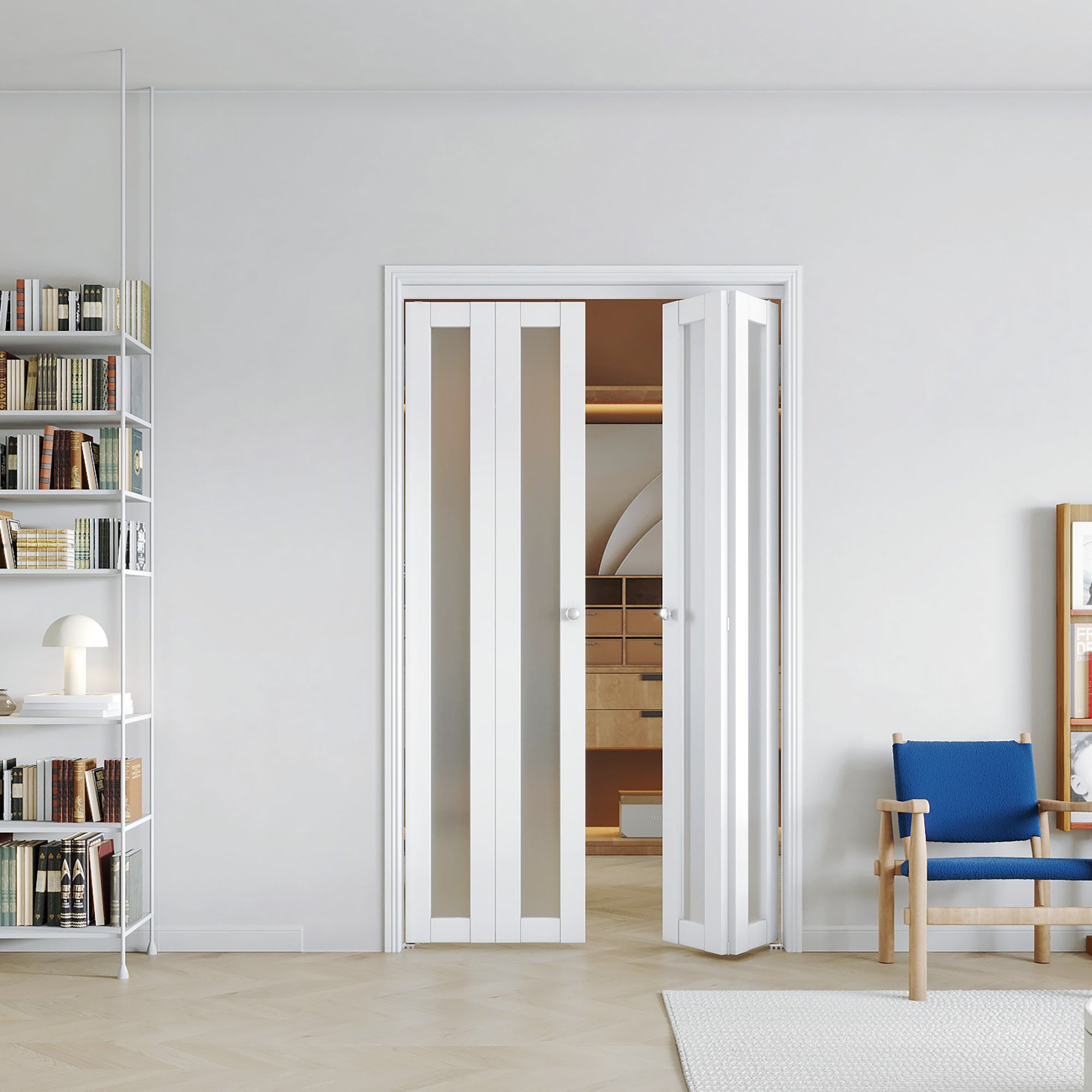 48/60/72 in x 80 in Frosted Glass Panel, Full Lite Bi-Fold Interior Door with MDF & Water-Proof PVC Covering, Hardware Included