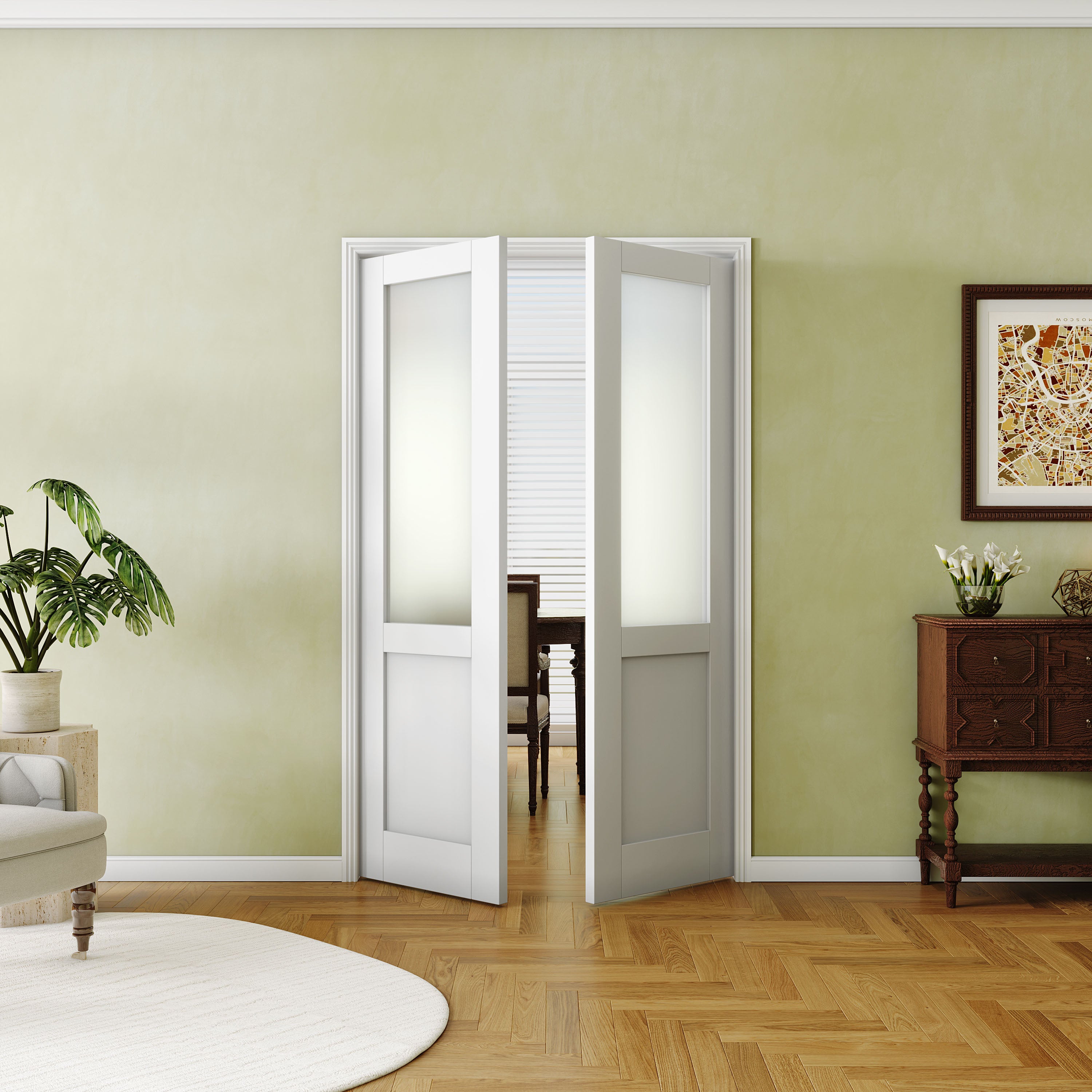 French Interior Double Door- Half Lite Frosted Glass Pantry Door Panels, Closet & Bathroom Double Door Slab, White Primed, MDF - Pre-Finished Door Panel